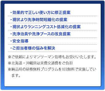 効果的で正しい使い方に修正提案/現状より洗浄時間短縮化の提案・現状よりランニングコスト低減化の提案/洗浄治具や洗浄ブースの改良提案
											安全指導/ご担当者様の悩みを解決